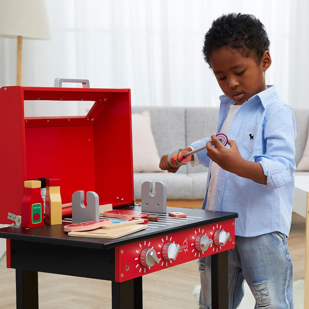 Teamson Kids Little Helper Backyard BBQ Grill Playset 25 Play Cooking Accessories, Pretend Play Kids Kitchen Preschool Playset, Red/Black