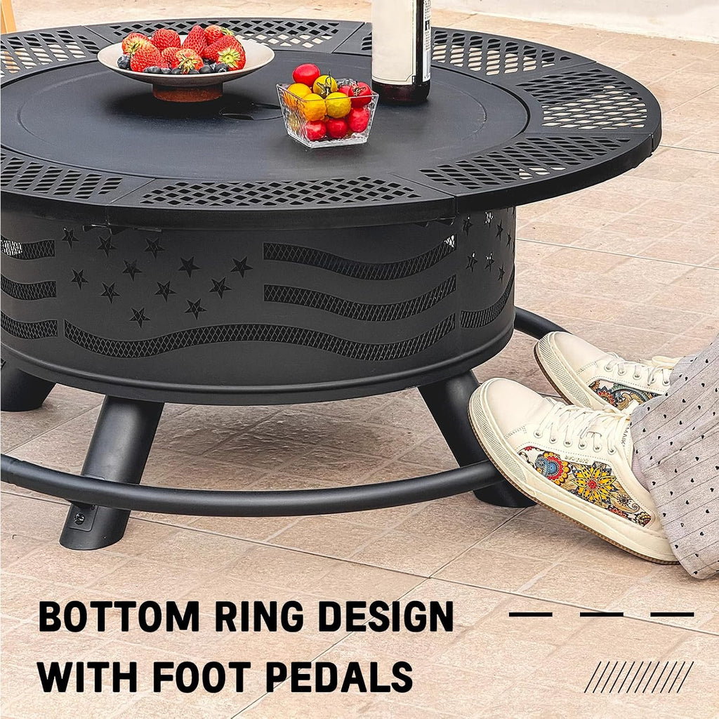 Panovue 36 Inch Fire Pit with 2 Cooking Grates, Outdoor Wood Burning BBQ Grill Firepit Bowl with Cover Lid, Steel Round Table for Backyard Bonfire Patio Picnic (Black, 36IN)