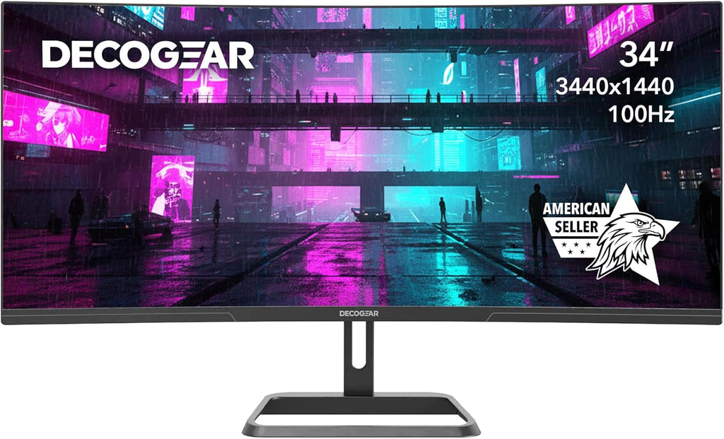 Deco Gear 34-Inch Business Curved Super UltraWide WQHD Monitor 3440 × 1440 R1500 100Hz 1ms 100% sRGB HDR 2× DisplayPort 2× HDMI Tilt Adjustable PIP/PBP Low Blue Light, American Seller