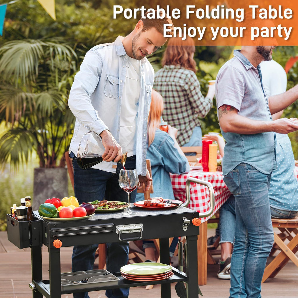 Outdoor Portable Grill Table Stand - Folding Prep Stand for 17' or 22' Blackstone Griddle, Large Space Blackstone Table with Wheels, Pizza Oven Cart for Ninja, Patio Grilling Backyard BBQ Grill Cart.