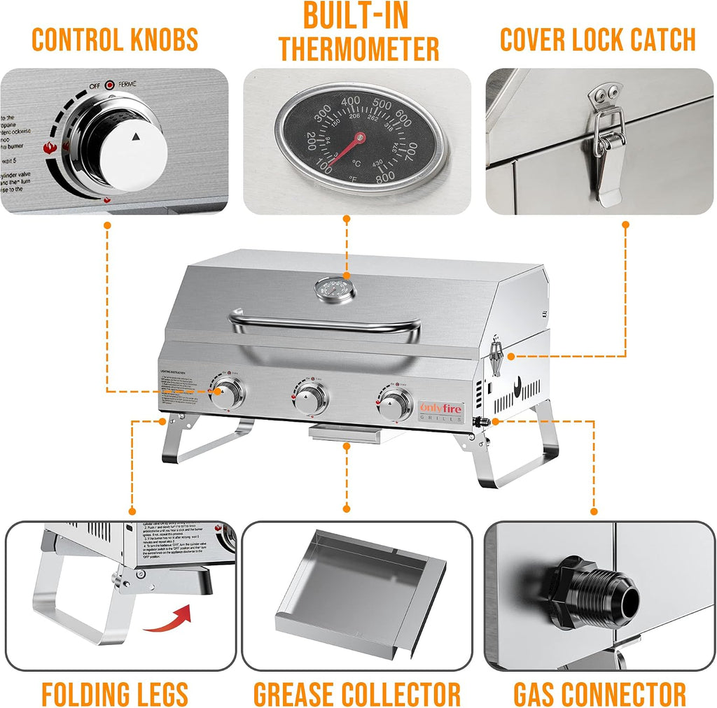 Tabletop Gas Grill 3 Burners, Portable Propane BBQ Grill with Foldable Legs & 22' Stainless Steel Grate for Outdoor Patio Backyard Barbecue, Camping Tailgating RV, 24000BTU High Output, Classic GS307