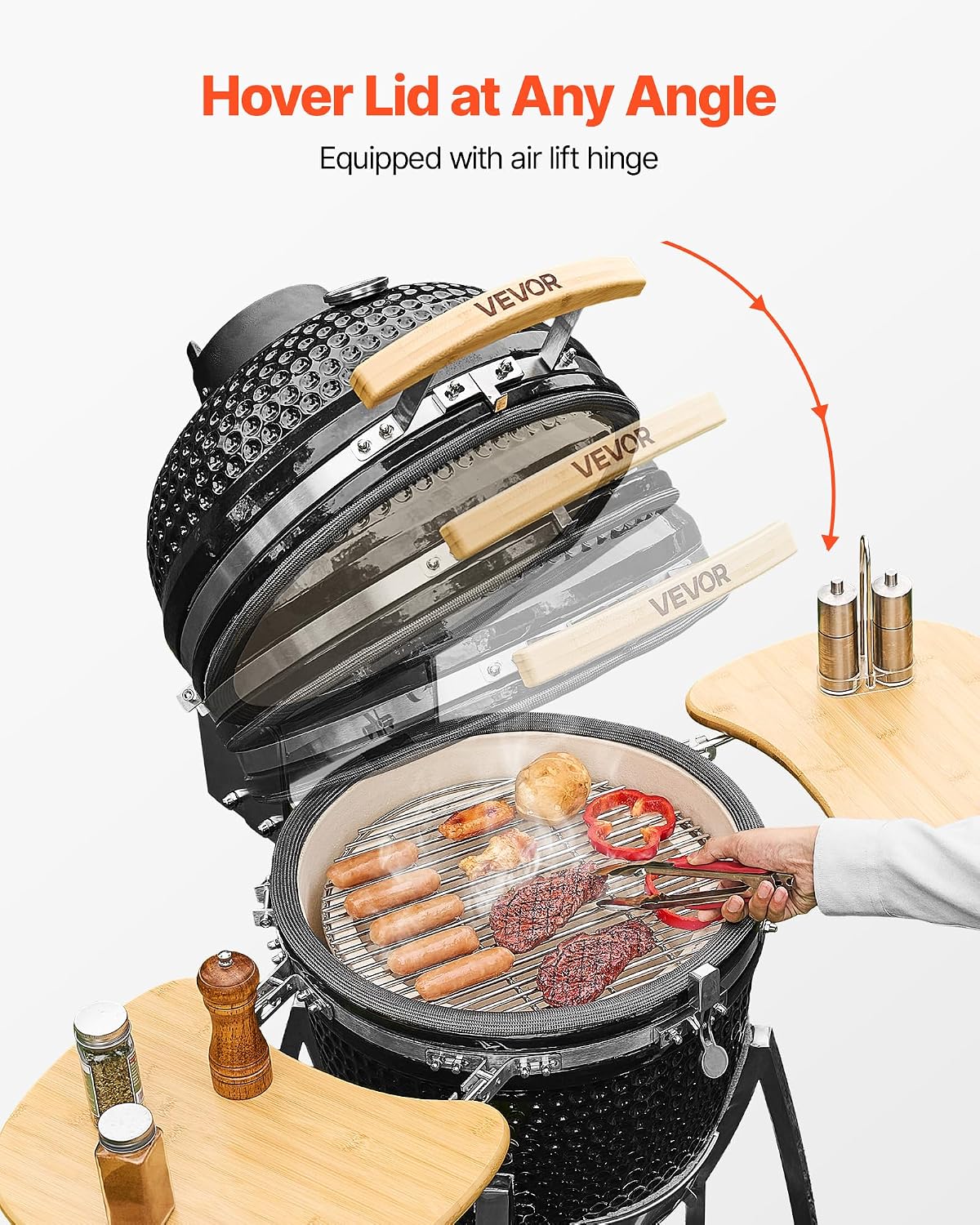 VEVOR Charcoal Smoker and Grill, 18' Kamado Charcoal BBQ Smoker, Movable Ceramic Barbecue Grill with 4 Wheels (2 Lockable), Built-in Thermometer, Air Vents & Side Shelf for Outdoor Patio Yard Cooking
