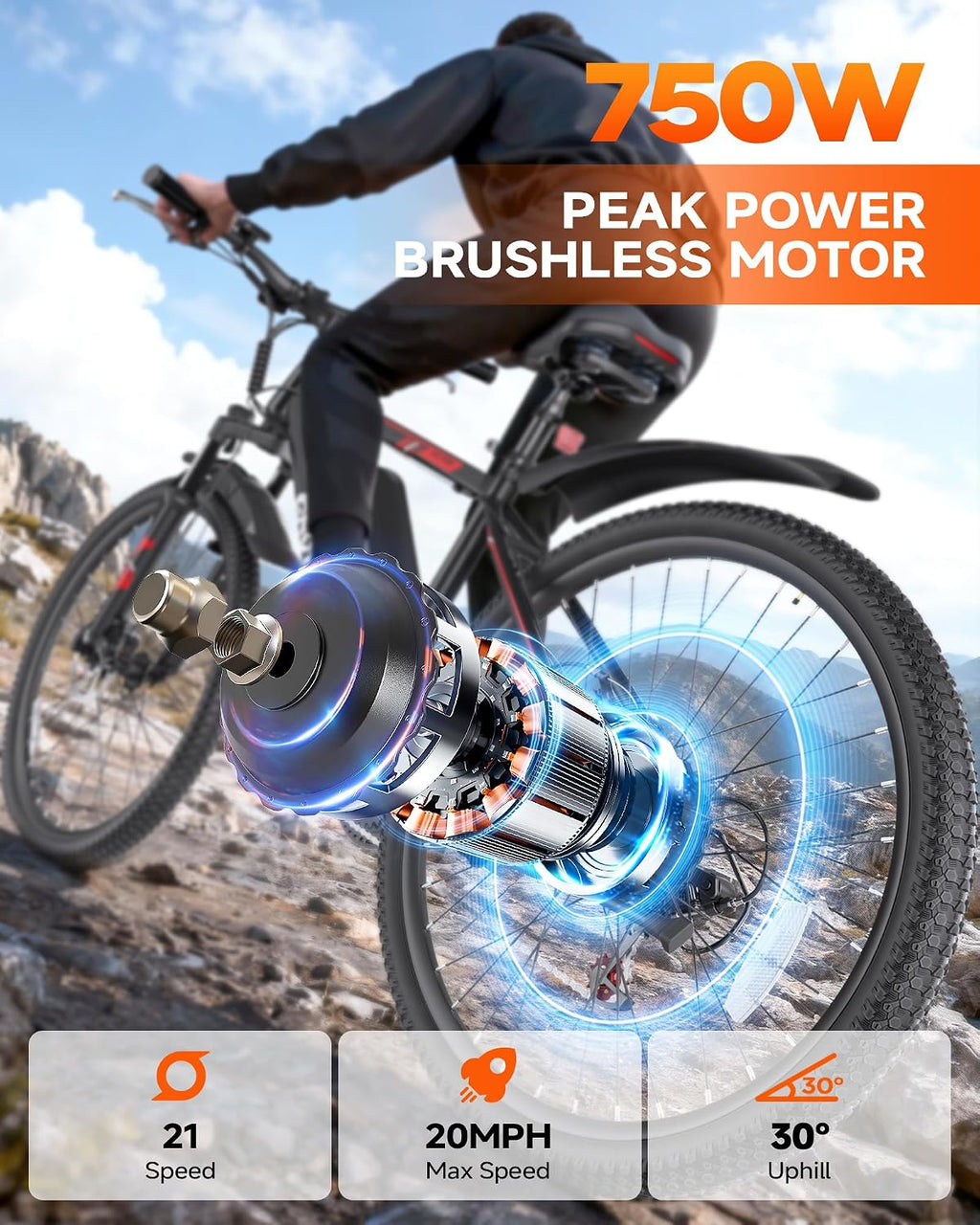 Totem Electric Bike for Adults, 750W Peak 26' Ebike for Men Women Teens with 375WH Babttery 21 Speed 20Mph, Up to 40Miles Front Suspension, Commuting E-Bike Mountain Bicycle