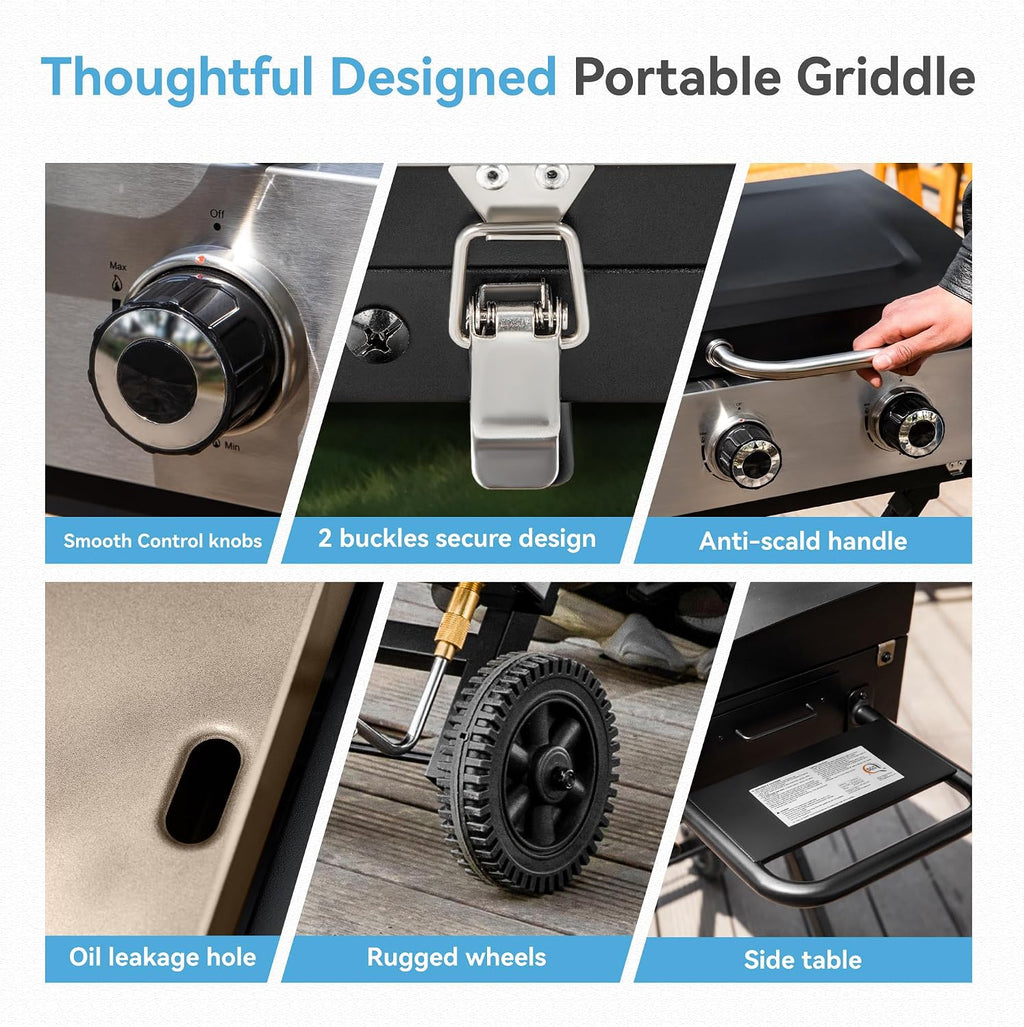 GREEN PARTY 2 Burner BBQ Propane Gas Griddle with Collapsible Stand, 18 Inch Portable Griddle with Side Table & 253 Sq. In. Cooking Area, Flat Top Gas Grill for Outdoor Cooking Garden Patio Backyard