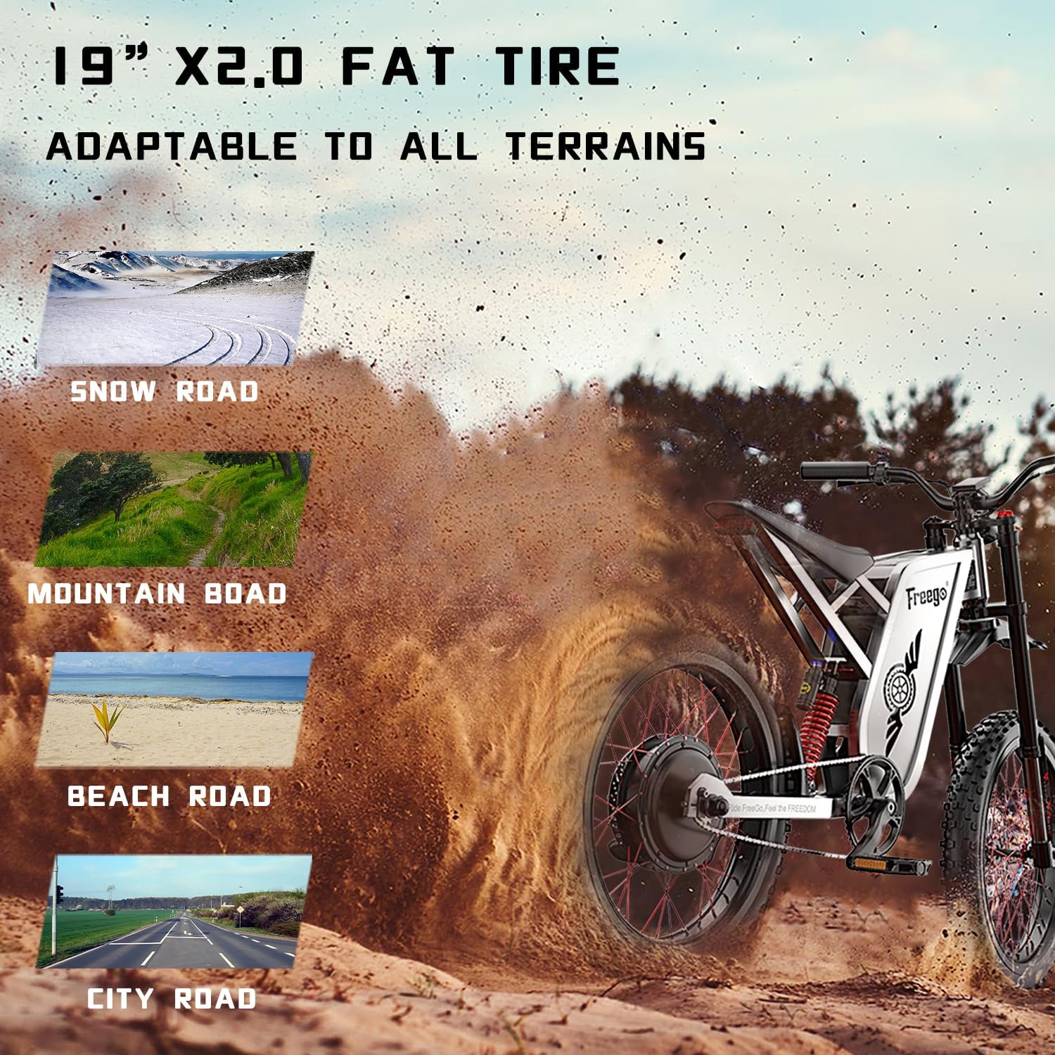 Freego Electric Motorcycle for Adults, X2Pro Electric Dirt Bike 6000W(Peak) Motor 60V/30Ah Battery,50MPH Off Road Electric Bicycle,19x2 Tire Full Suspension/Four-Piston Hydraulic Brake