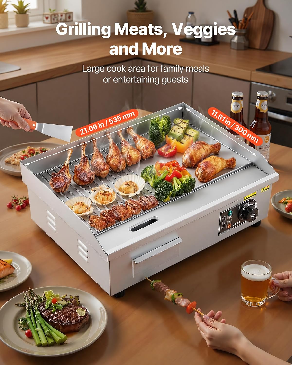 VEVOR Commercial Electric Griddle, 21.06 x 11.81 inch, 1750W, 122-570°F Adjustable Temp Control, Stainless Steel Body, Half Grooved Half Flat, with 2 Spatulas, 2 Brushes, and 4 Foot Pads, for Steak