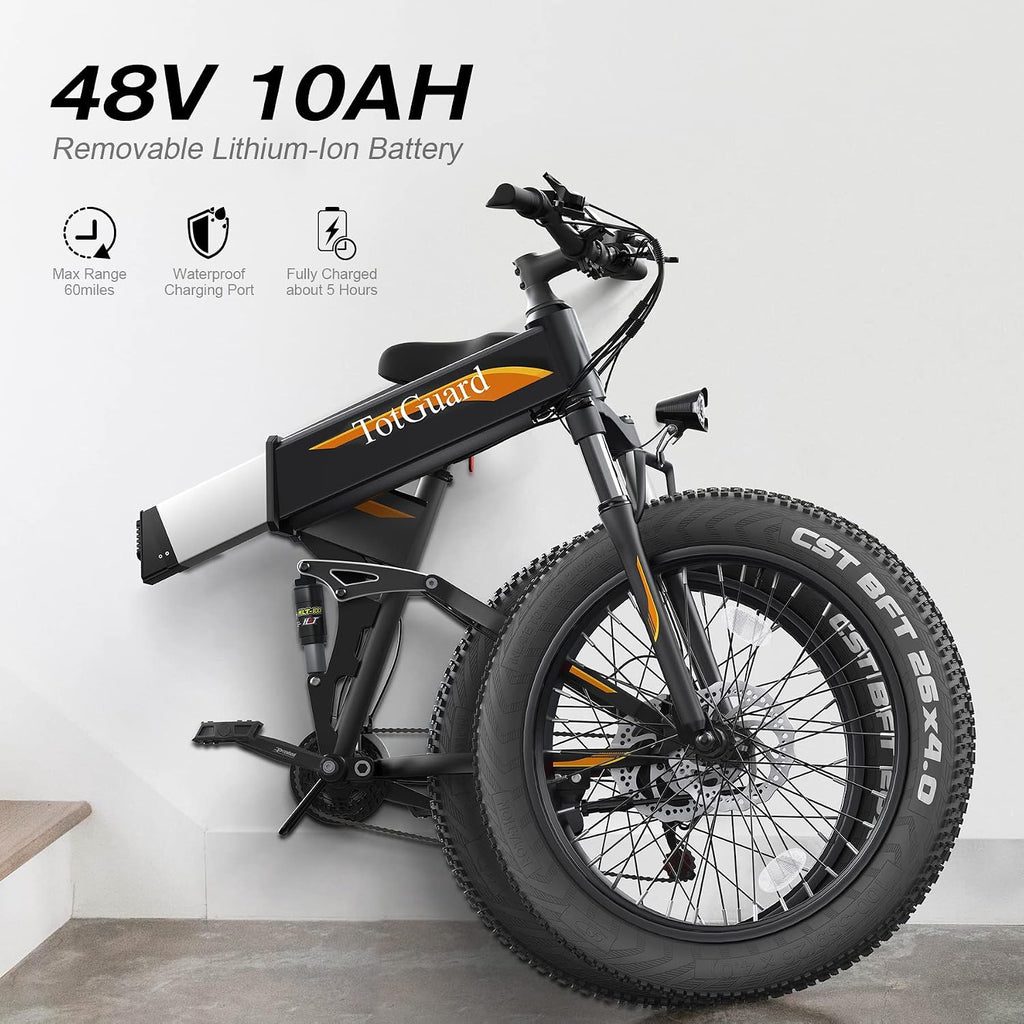 Wooken 26' x4.0 Fat Tire Electric Bike, Folding Electirc Bike for Mountain Commuter, 500W Motor 19.8 MPH, Ebikes for Adults with 48V/10.4Ah Removable Battery, Suspension Fork, 21 Speed Ebike