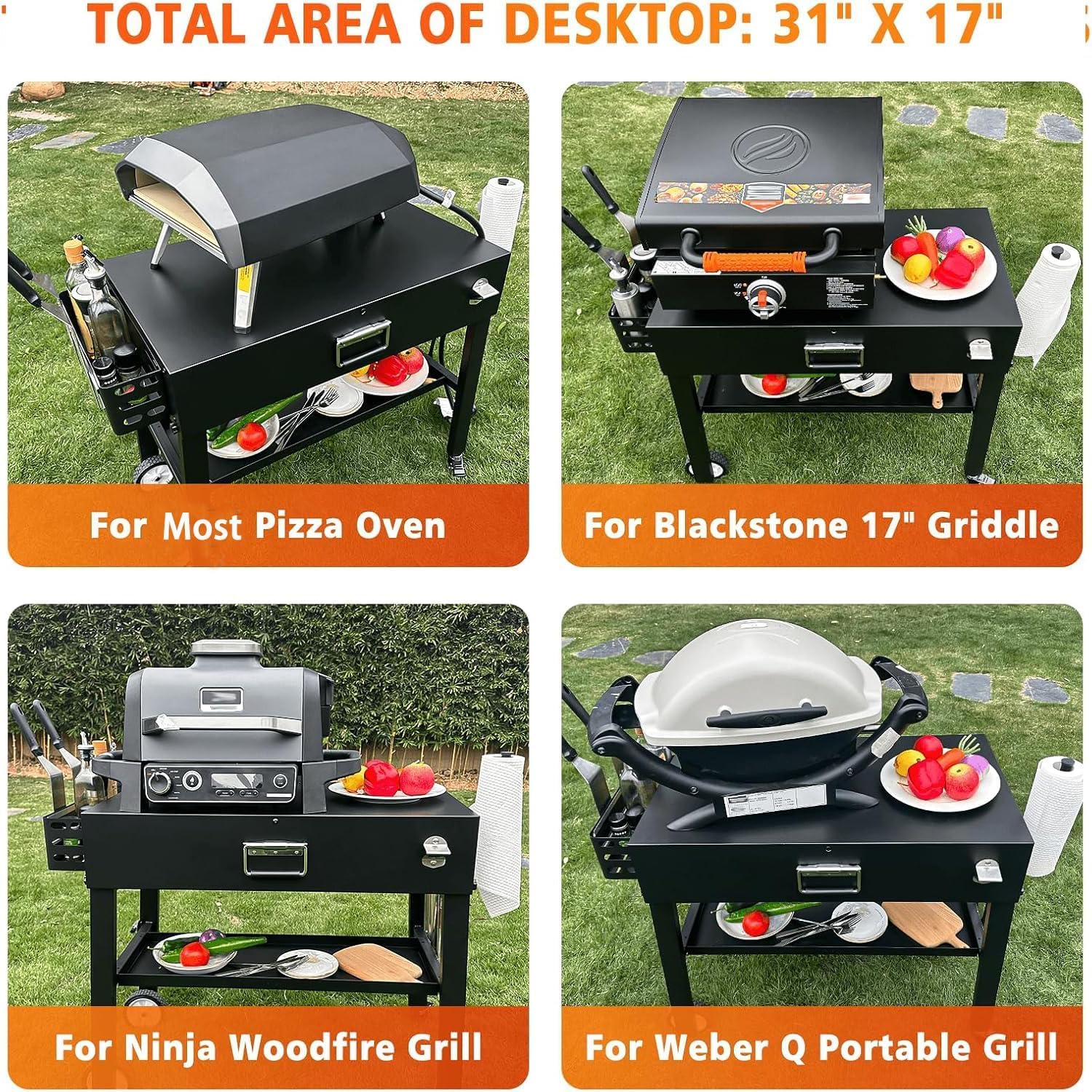 Foldable Grill Cart for Blackstone 17/22, Ninja Woodfire OG700, Ooni Pizza Oven – Portable Grill Table with Wheels, Dual-Shelf BBQ Prep Station with Caddy & Hooks, Compact Camping Griddle Stand