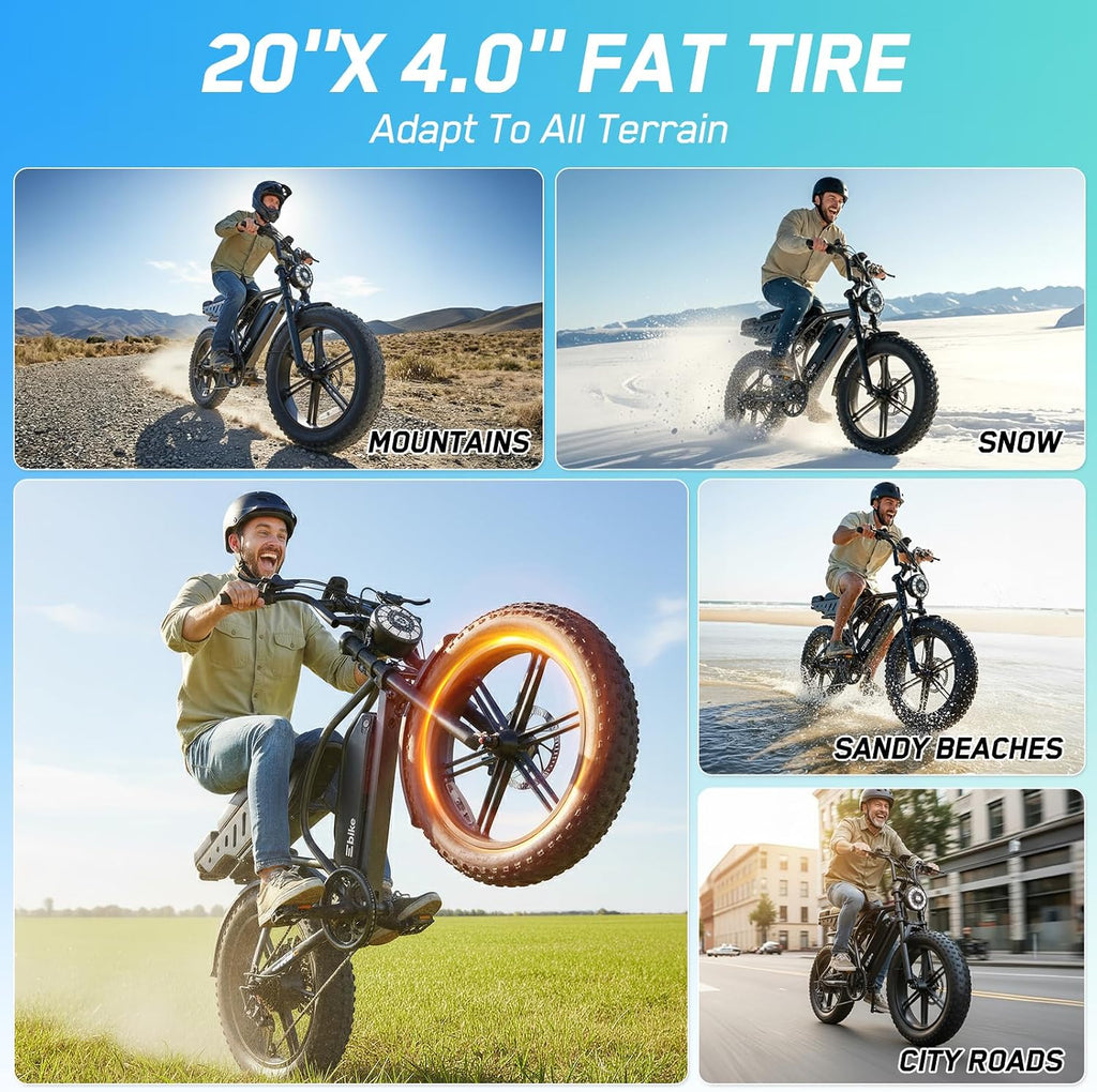 TST Electric Bike for Adults, 1500W Peak Motor 60/100 Miles Fat Tire Ebike with 48V 15Ah/25Ah Removable Battery 20' Fat Tire Electric Dirt Bike Full Suspension and 7-Speed