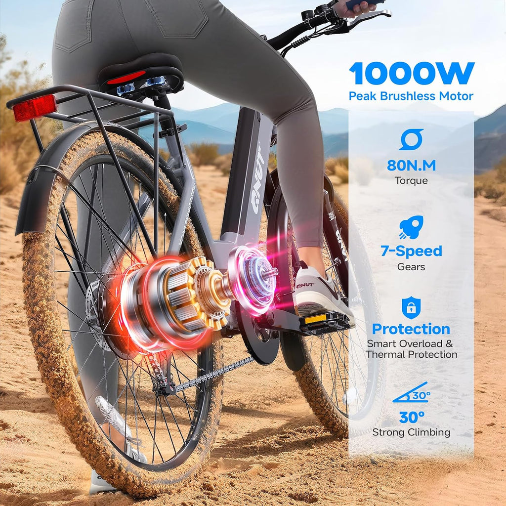 QNUT Electric Bike for Adults, 1200W Peak Commuter Ebike with 48V Built-in Battery 26' City Step Through E-Bike 7-Speed 65Miles 20Mph Urban Electric Bicycles for Women Men Teens