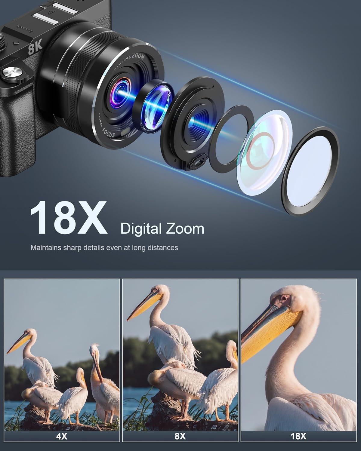 8K Digital Camera, 88MP Cameras for Photography, Vlogging Camera for YouTube with 3' 180° Flip Screen, 18X Zoom UHD Autofocus Video Camara with Lens Hood, 64GB Card