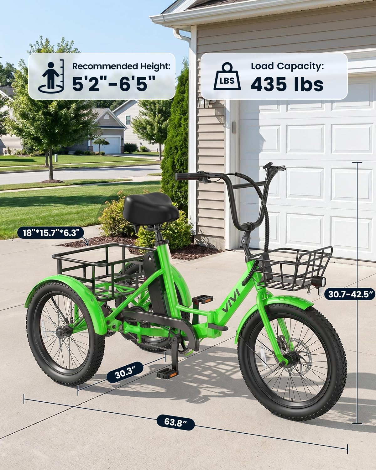 Vivi T01 20' x2.6 Fat Tire Electric Tricycle for Adults, 750W Peak 20'' Folding 3 Wheels Electric Bike, 95% Pre-Assembled, Speed Differential, 15.5MPH Eletric Trike with Bracket