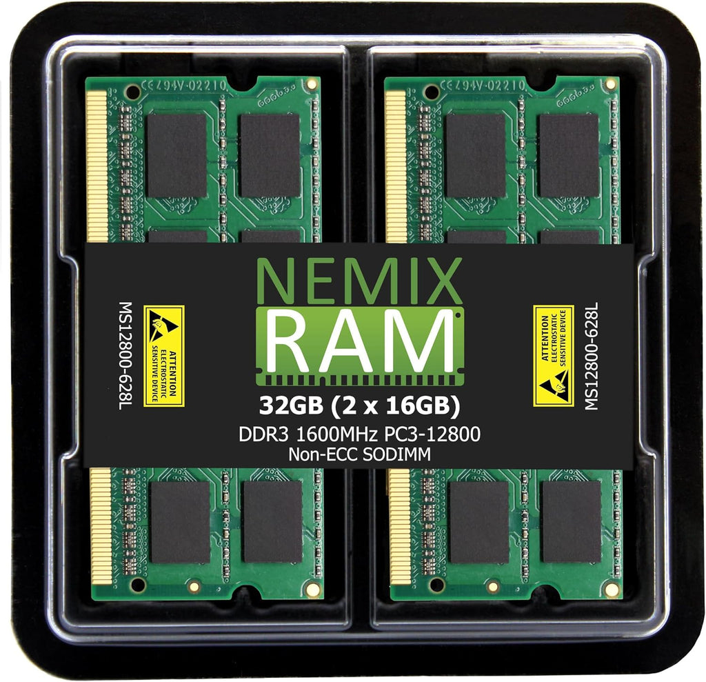 NEMIX RAM 32GB (2X16GB) DDR3 1600MHz PC3-12800 2Rx8 1.35V 204-PIN Non-ECC SODIMM Laptop PC Memory KIT