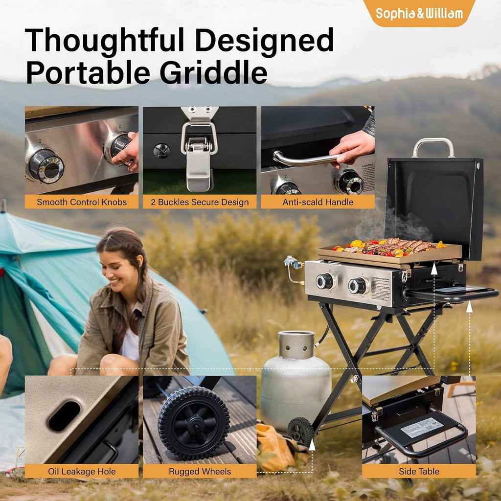 Sophia & William Portable Gas Grill Griddle, Small Propane BBQ grill with Foldable Legs & Wheels for Outdoor Barbecue, Camping, Tailgating, Roadtrip, RV, 2 Burner Flat Top Griddle, 20,000 BTU, Black
