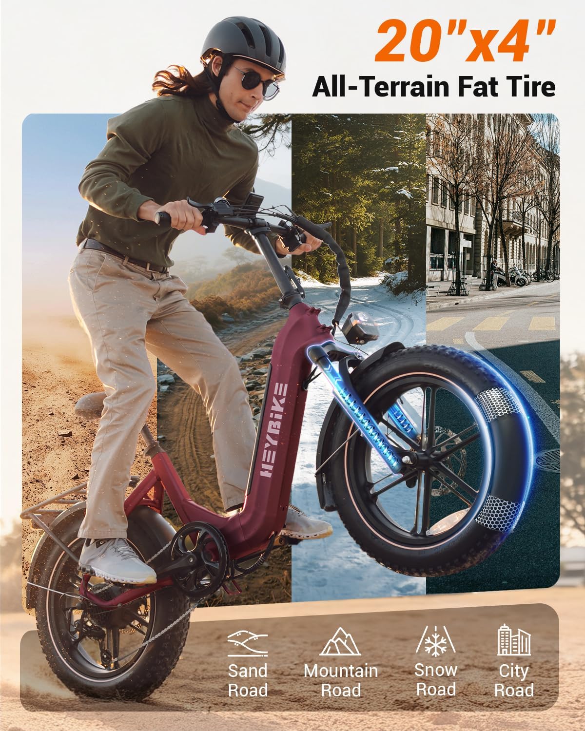 Heybike Ranger 20'x4.0' Fat Tire Folding Electric Bike for Adults, 1200W/1800W Peak Motor, 28/32MPH, up to 55/90 Miles Range, UL2849 Certified Removable Battery for Commute Beach Mountain Snow E Bike