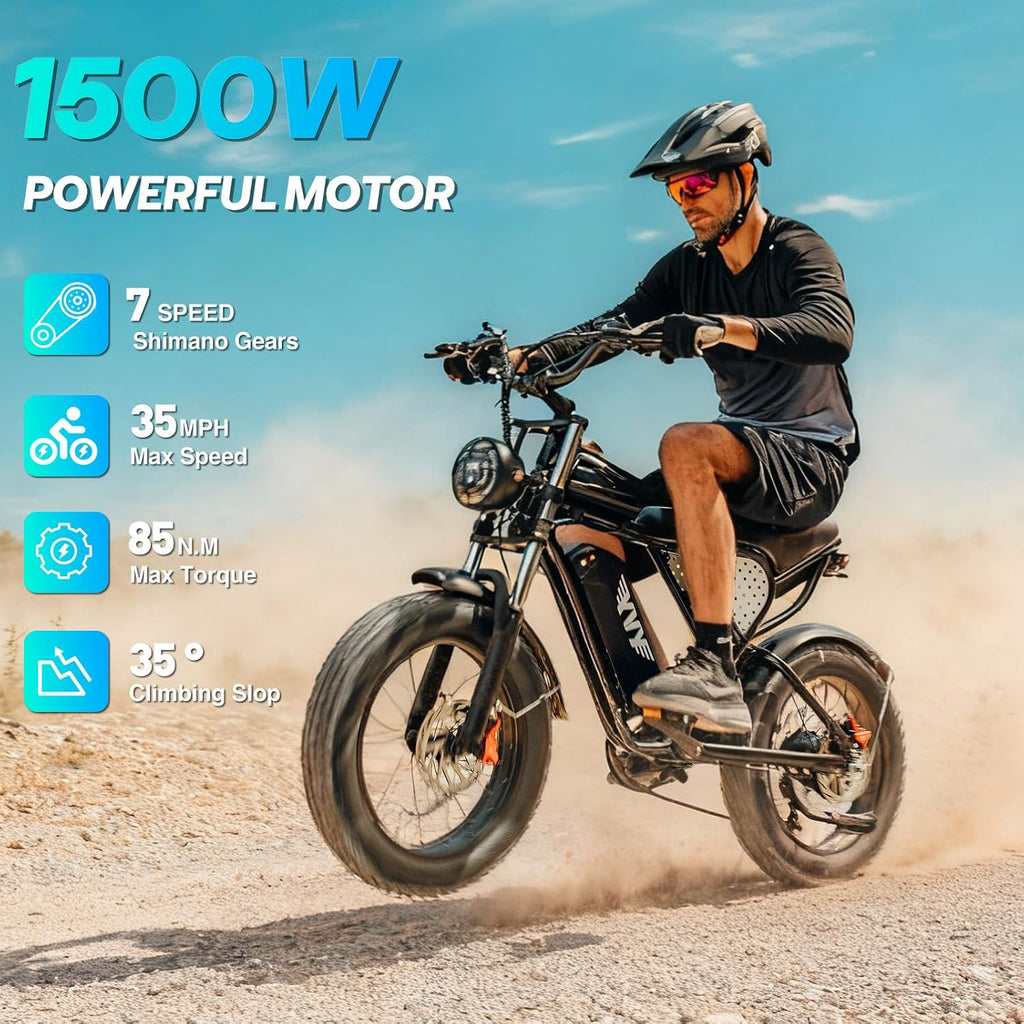 YVY 1500W Peak Electric Bike for Adults, 35MPH Top Speed 48V 20Ah Battery eBike, UL2849 Certified Mountain e-Bike for Hill Climbing, 20' Fat Tire All-Terrain, Full Suspension
