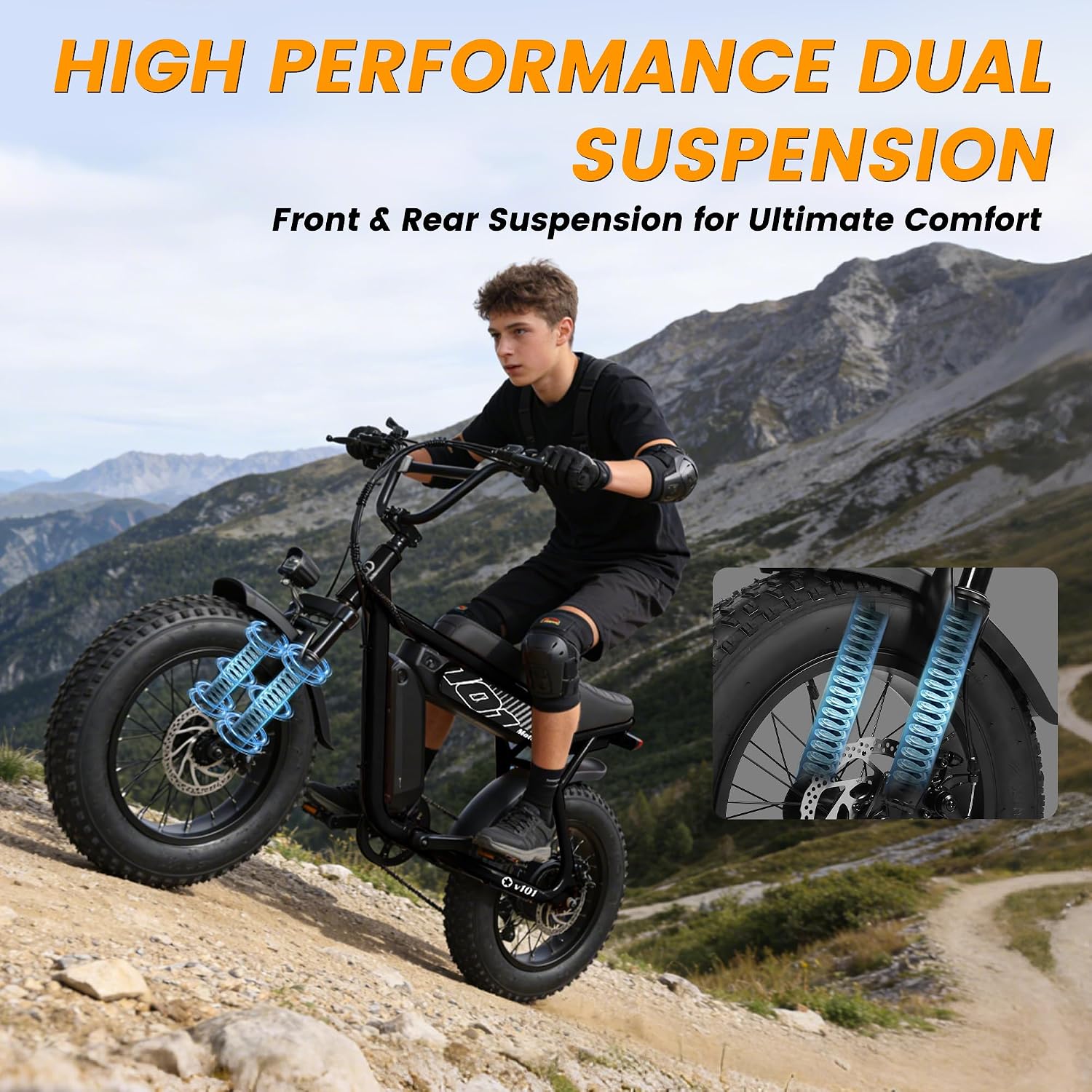 ESKUTE V100 Electric Bike for Adults, Electric Dirt Bike 1500W Peak Motor, All Terrain Dual Suspension E Bike 28MPH Top Speed, Ebike Up to 60 Miles Range, 16' Fat Tire, 48V13Ah Battery, 7-Speed