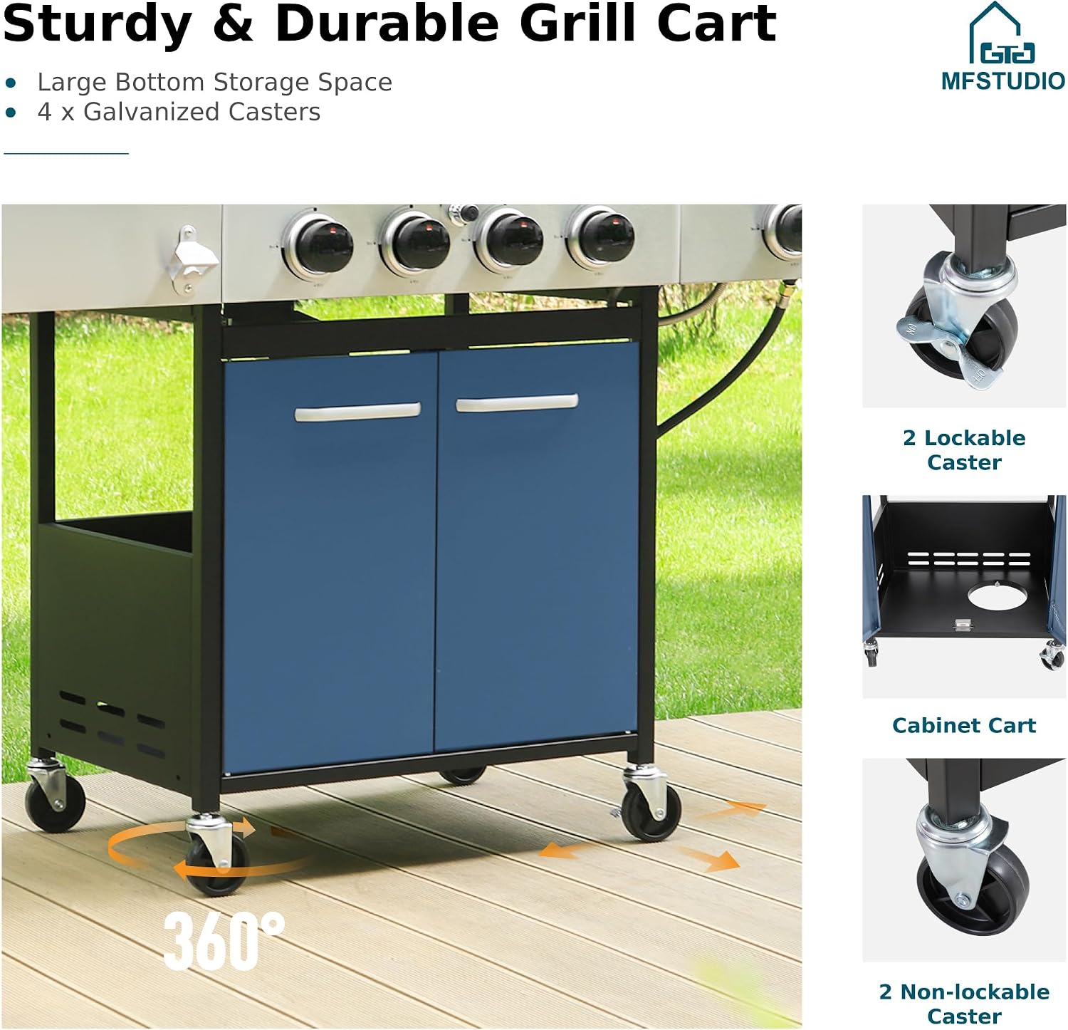 MFSTUDIO 4 Burner BBQ Gas Grill with Side Burner, Propane Grills with Porcelain-Enameled Cast Iron Grates, 42,000 BTU for Outdoor Backyard Barbecue Cooking, Blue