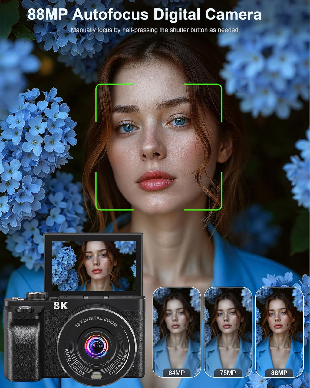 8K Digital Camera, 88MP Cameras for Photography, Vlogging Camera for YouTube with 3' 180° Flip Screen, 18X Zoom UHD Autofocus Video Camara with Lens Hood, 64GB Card