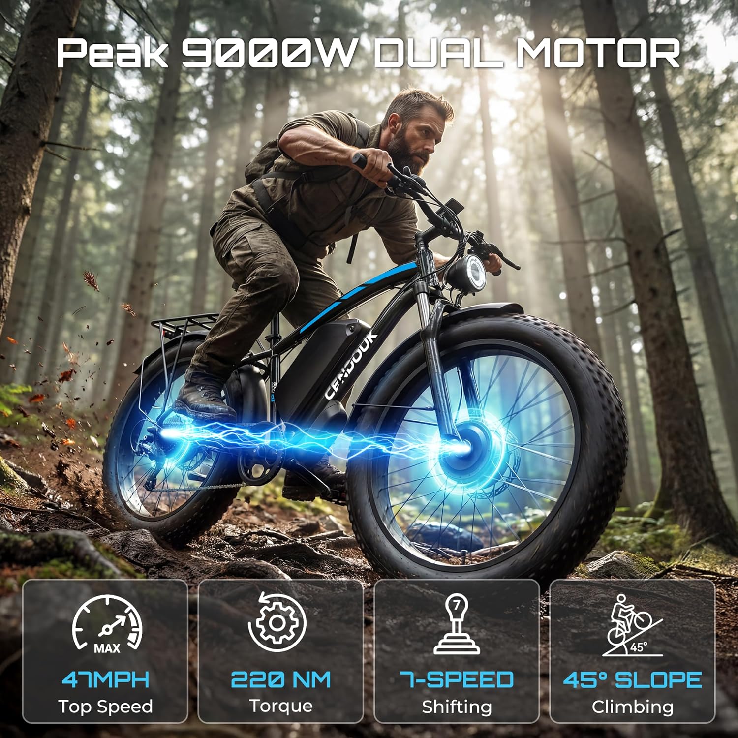Peak 9000W 52V Dual Motor Ebike 40-47MPH Ebike for Adults 34AH Battery 105 Miles Range 24 Inch Fat Tire Commuter Mountain Dirt Electric Bike for All Terrain
