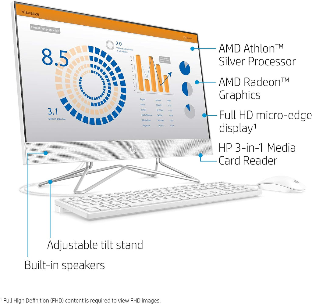 HP 24-inch All-in-One Desktop Computer, AMD Athlon Silver 3050U Processor, 8 GB RAM, 256 GB SSD, Windows 10 Home (24-dd0010, White)