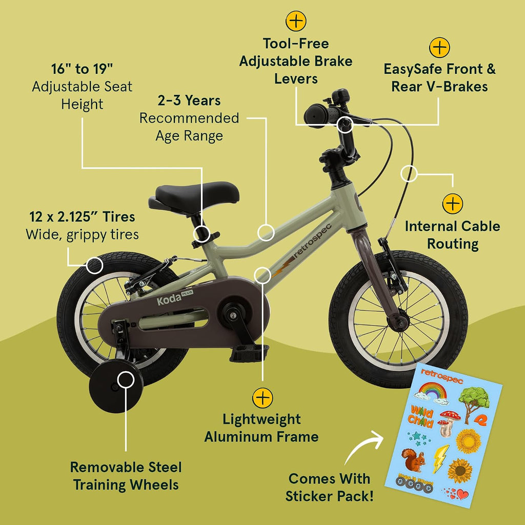 Retrospec Koda Plus Kids Bike for Boys & Girls Ages 2-3 Years - Children's Bicycle, Adjustable Seat & Handlebars, Removable Training Wheels, Front Hand Brakes, Rear Coaster Brake & Safety Bell
