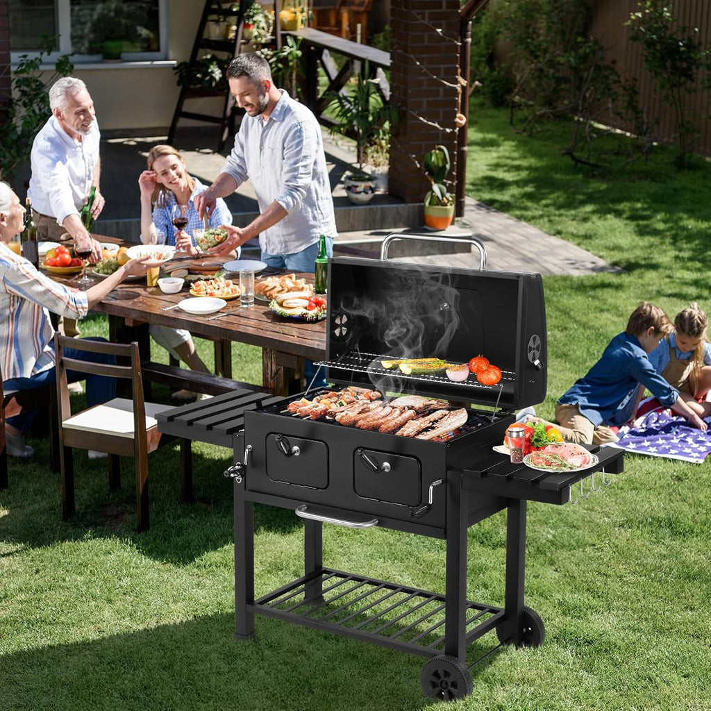 61.5' Portable Charcoal Grill,Metal Outdoor Barbecue Smoker,Heavy Duty Outdoor BBQ Grill,Portable Vertical Camping Barbecue Grill,with Foldable Side Tables,for Garden Patio Beach Backyard (Black)
