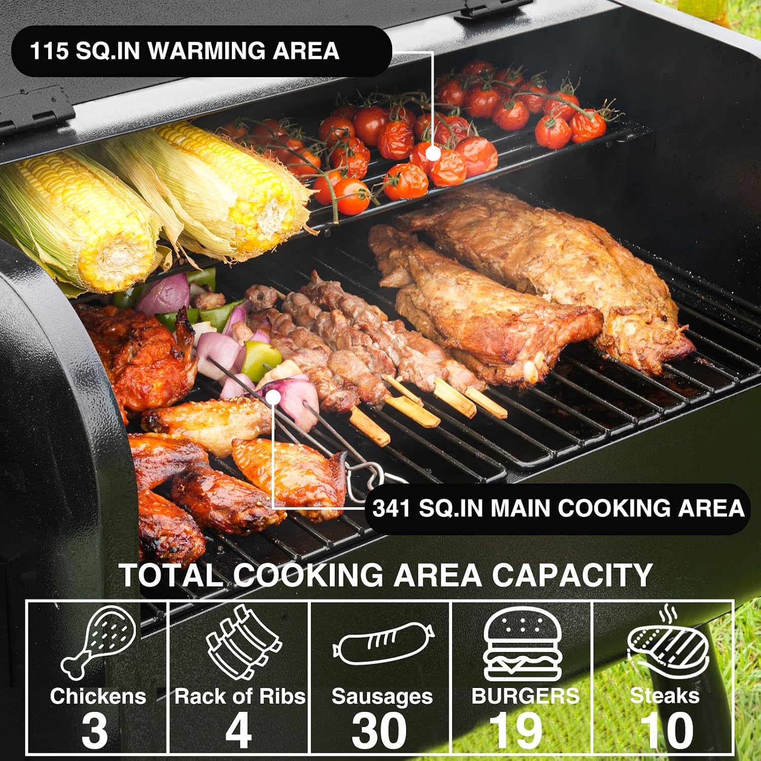 KingChii Electric Wood Pellet Grill & Smoker with Side Shelf, 456 SQ.IN Grill Capacity, 18LB Hopper, with PID Temperature Control (180-425°F) for Backyard Camping Bake and Roast, Black