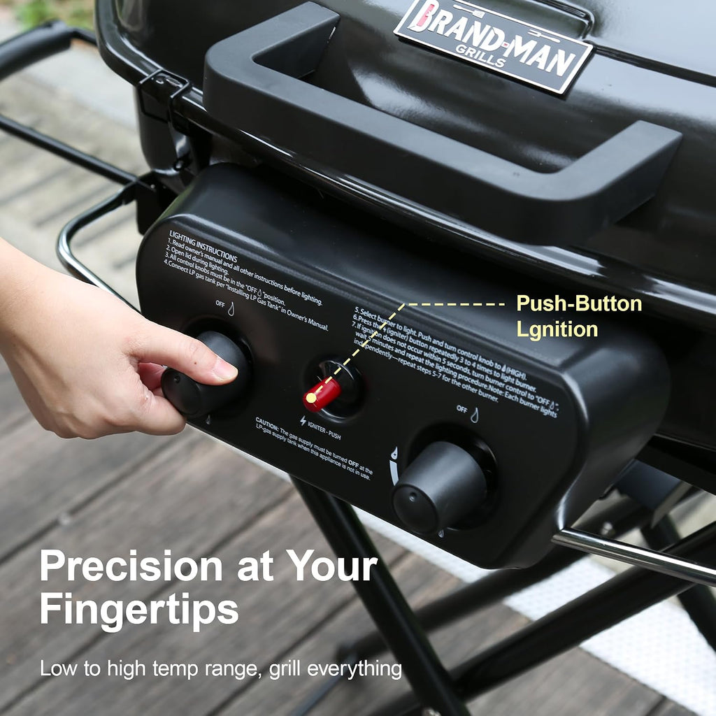 Brand-Man Portable Propane Gas Grill with Folding Cart and Push-Button Ignition, Standup Design for Camping, Tailgating, Backyard BBQ, Patio, Outdoor Cooking (Black)
