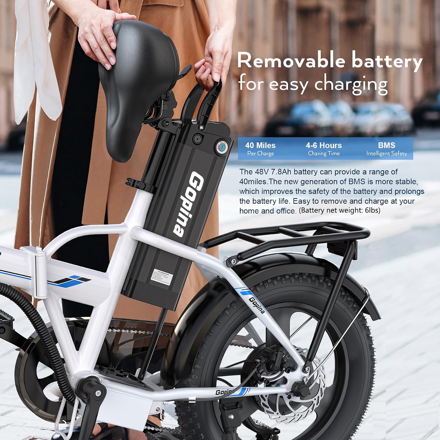 Vivi Gopina Electric Bike, 16' x 3.0 Fat Tire Electric Bike, Peak 500W Step Thru Electric Bicycle, 48V Removable Battery, Up to 40 Miles, LCD Display, 20mph, 7 Speed, SGS Certified to UL2849