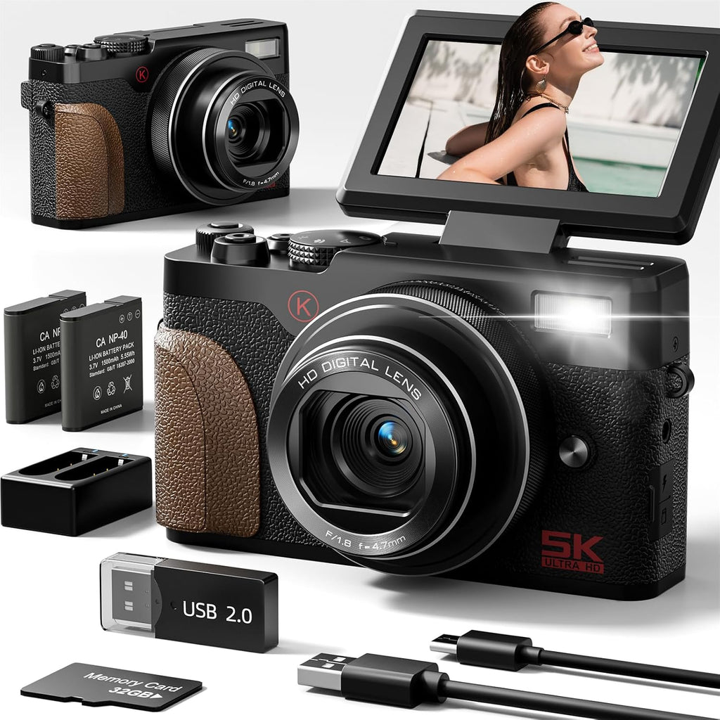 NBD 5K Digital Cameras for Photography Autofocus,64MP Vlogging Cameras for YouTube,18X Digital Zoom Travel Camera with Anti-Shake,2 Batteries,32GB TF Card (Black)