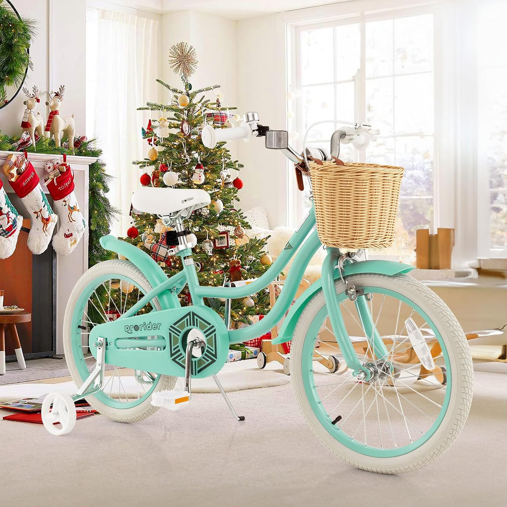 BABY JOY Kids Bike, 14 16 18 Inch Retro Kids Bicycles for 3-8 Years Old Children with Training Wheels, Adjustable Height, Rattan Basket, Handbrake & Coaster Brake, Boys Girls Bike (Pink, Green, Blue)