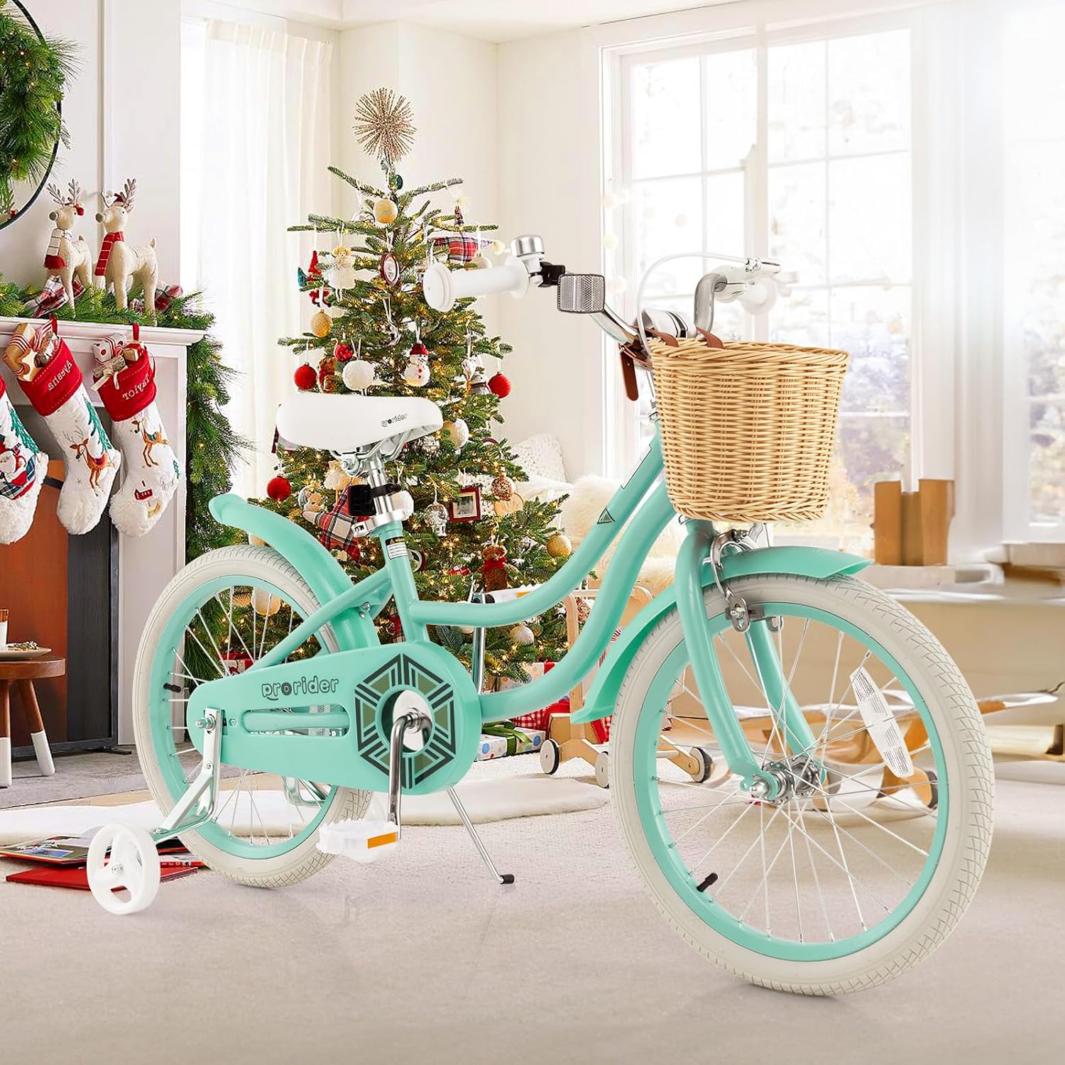 BABY JOY Kids Bike, 14 16 18 Inch Retro Kids Bicycles for 3-8 Years Old Children with Training Wheels, Adjustable Height, Rattan Basket, Handbrake & Coaster Brake, Boys Girls Bike (Pink, Green, Blue)
