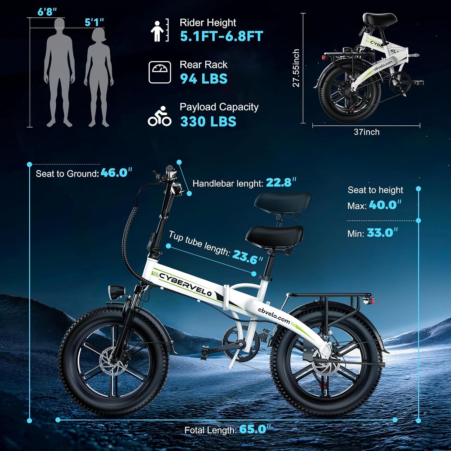DriftGod Folding Electric Bike, 48V 20.8AH Large Removable Battery E Bike - 20'x3' Fat Tire - 80 Miles Max Range Ebike for Adults,Electric Bicycles for Commuter