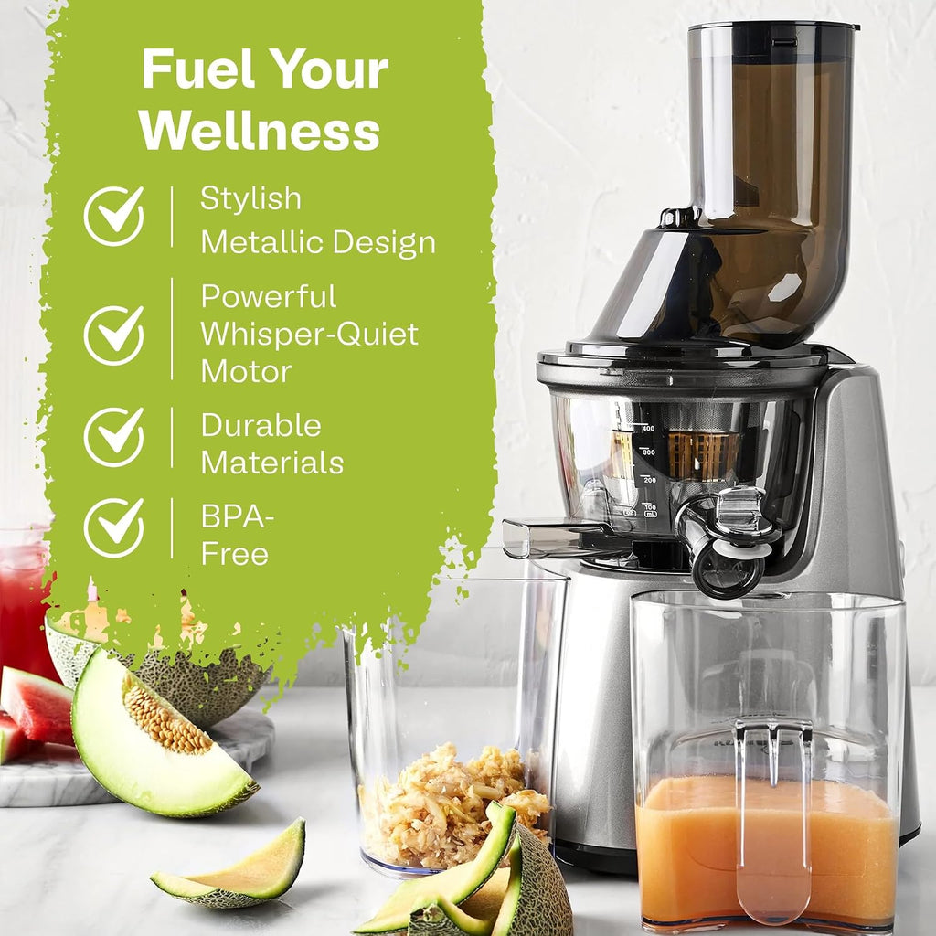 Kuvings Whole Slow Juicer C7000SS - Slow Masticating Juicer Machine with Quiet 240W Motor & BPA-Free Components - 3in Wide Mouth Feed Chute & Removable Hopper for Juices & Sorbets - Silver Pearl
