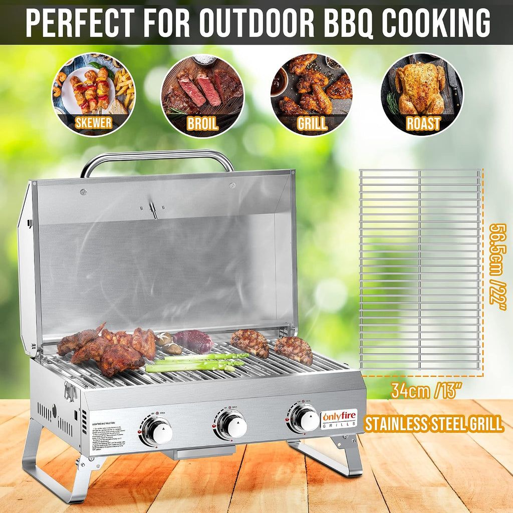 Tabletop Gas Grill 3 Burners, Portable Propane BBQ Grill with Foldable Legs & 22' Stainless Steel Grate for Outdoor Patio Backyard Barbecue, Camping Tailgating RV, 24000BTU High Output, Classic GS307