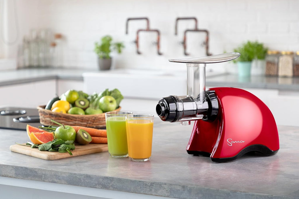 Cold Press SANA 707 Classic Horizontal Single Auger Slow/Low Speed Juicer | Easy Clean, Powerful Motor, Auto Feed, Compact, Celery Attachment, Frozen Desserts, Pasta Extrusion, 15 Year Warranty, Red