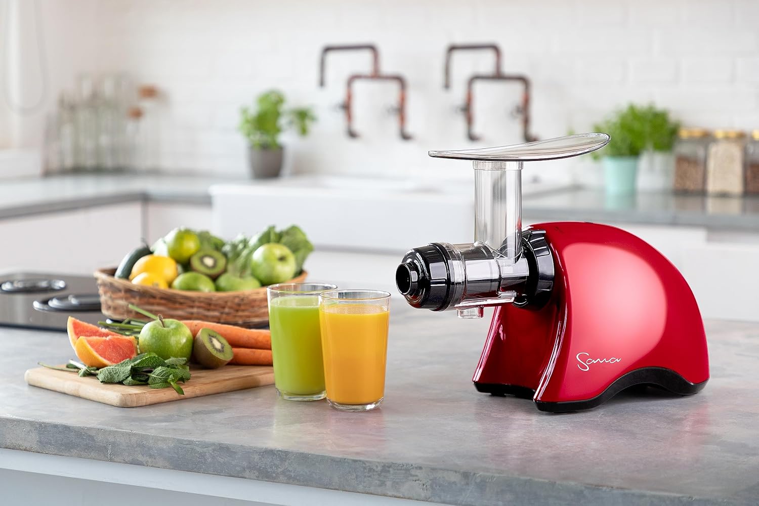 Cold Press SANA 707 Classic Horizontal Single Auger Slow/Low Speed Juicer | Easy Clean, Powerful Motor, Auto Feed, Compact, Celery Attachment, Frozen Desserts, Pasta Extrusion, 15 Year Warranty, Red