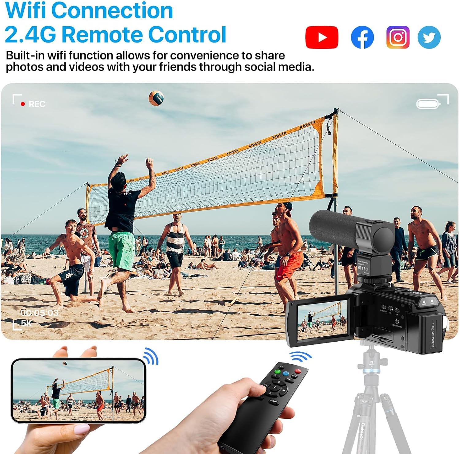 FJFJOPK 5K Video Camera Camcorder, 10X Optical Zoom 48MP UHD 30FPS Vlogging Camera for YouTube, Photography Recorder Camera with 270° 3' Rotation Screen, Microphone, Stabilizer, Remote Control
