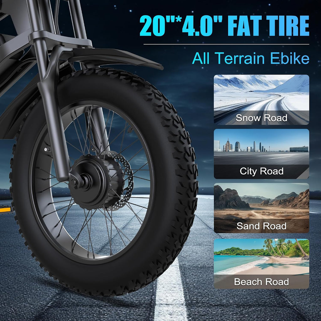 Electric Bike for Adults,48V 20AH - Peak Power 1500/3000W Brushless Motor Electric Bicycle - Max Speed 31-35MPH - Max 80 Miles Range - 20' x 4.0' Fat Tire Dirt E-Bike,7-Speed - UL 2849