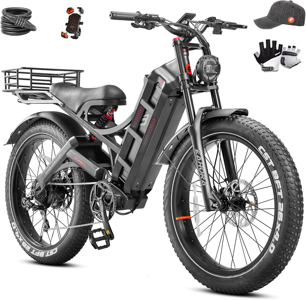 eAhora 2026 Romeo Pro 3 5600W 50Mph High-Torque Ebike, 60V 80Ah 250-Mile Long Range Electric Bike for Adults, Adjustable Air Suspension, 26'' Puncture-Proof Tire, UL 2849 Certified by TÜV