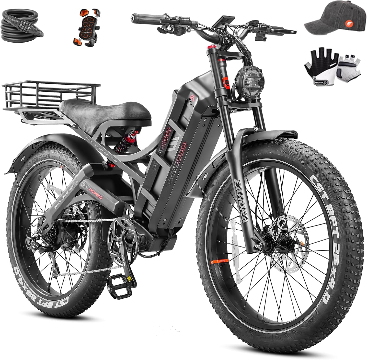 eAhora 2026 Romeo Pro 3 5600W 50Mph High-Torque Ebike, 60V 80Ah 250-Mile Long Range Electric Bike for Adults, Adjustable Air Suspension, 26'' Puncture-Proof Tire, UL 2849 Certified by TÜV