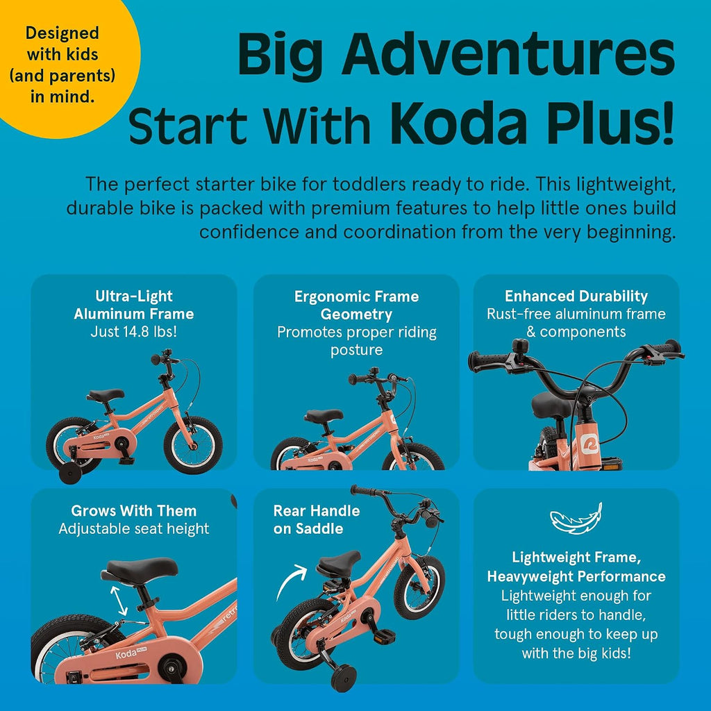 Retrospec Koda Plus Kids Bike for Boys & Girls Ages 2-3 Years - Children's Bicycle, Adjustable Seat & Handlebars, Removable Training Wheels, Front Hand Brakes, Rear Coaster Brake & Safety Bell