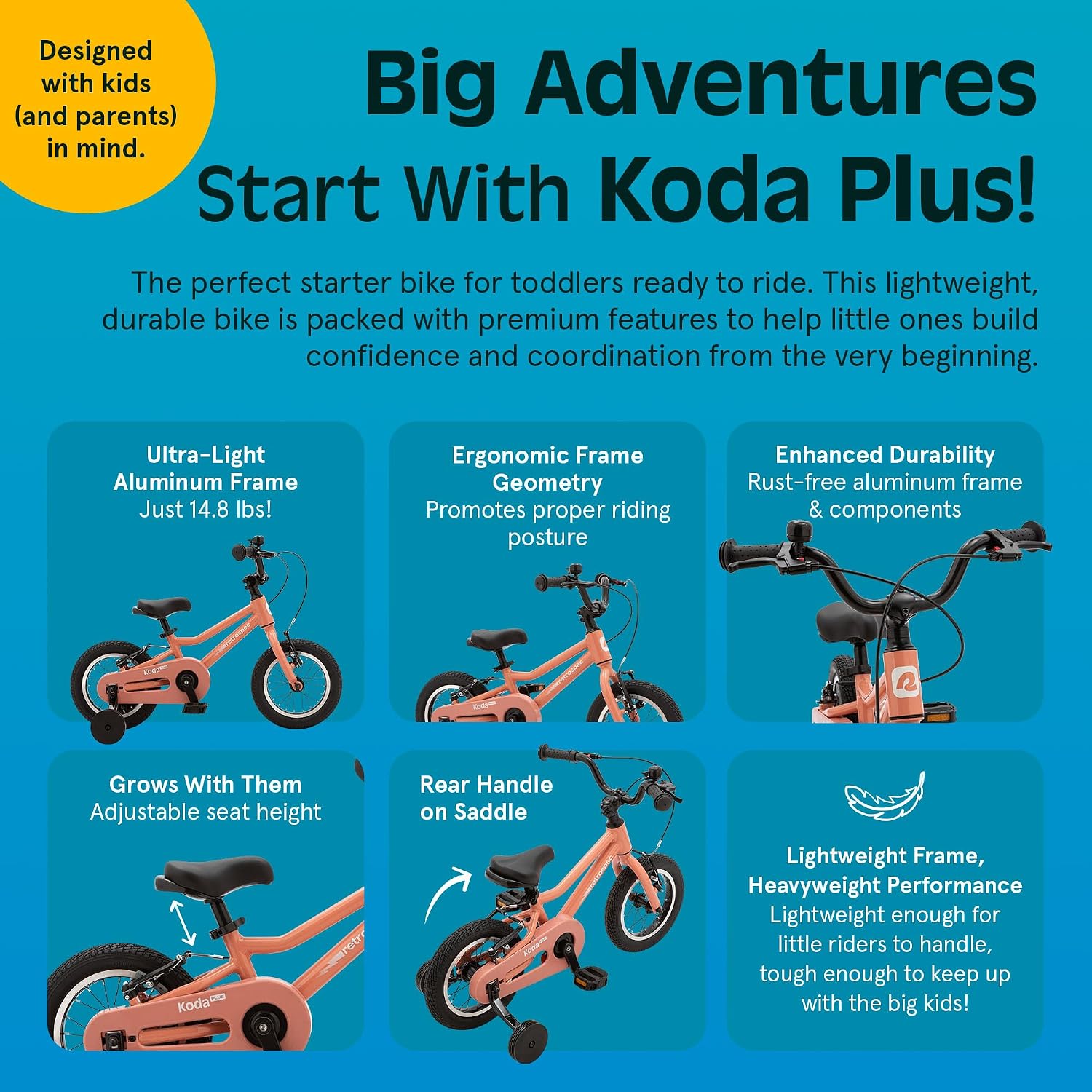 Retrospec Koda Plus Kids Bike for Boys & Girls Ages 2-3 Years - Children's Bicycle, Adjustable Seat & Handlebars, Removable Training Wheels, Front Hand Brakes, Rear Coaster Brake & Safety Bell