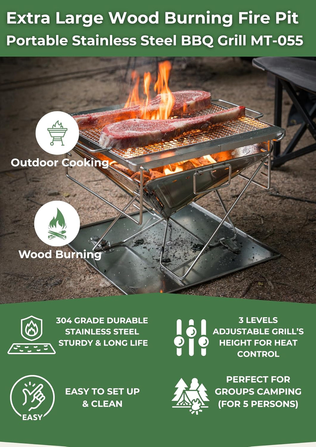 CAMPINGMOON 3 in1 Flatpack Portable Fire Pit Grill 16 inch Heavy Duty Stainless Steel Wood Burning Camping Stove Adjustable Height Backyard Outdoor Cooking RV Trips Carry Bag included MT-055