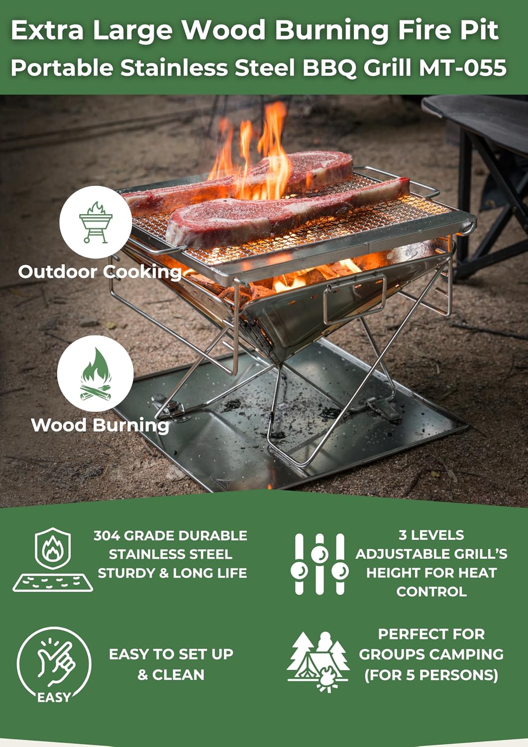 CAMPINGMOON 3 in1 Flatpack Portable Fire Pit Grill 16 inch Heavy Duty Stainless Steel Wood Burning Camping Stove Adjustable Height Backyard Outdoor Cooking RV Trips Carry Bag included MT-055