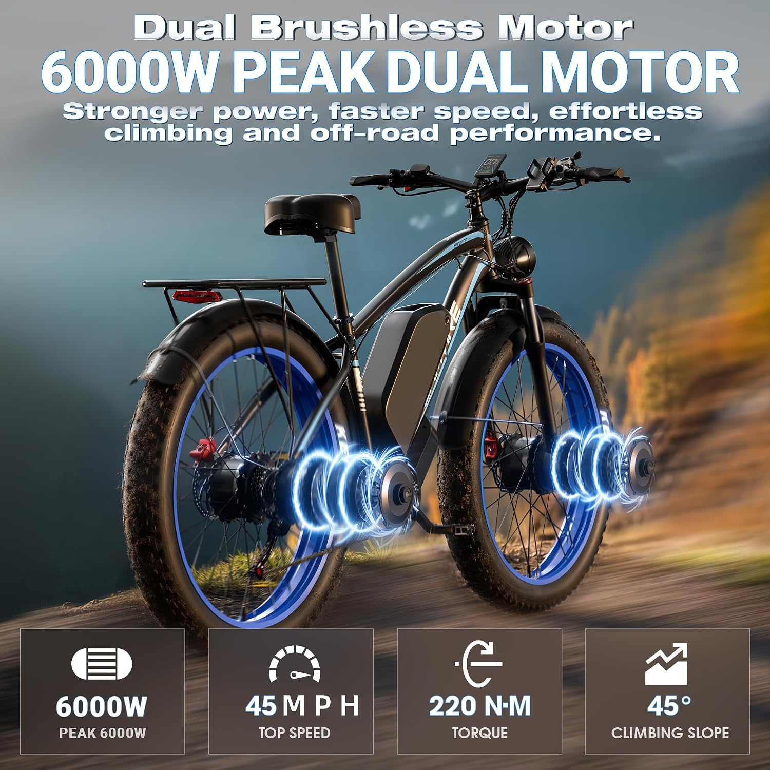 E Bike for Adults, Peak 6000W Dual Motor Electric Bike, 52V 32AH Battery 45 M P H Up to 100 Miles EBike, Front Suspension 7-Speed 24' Fat Tire Electric Commuter Bike, UL2849 Certified By SGS