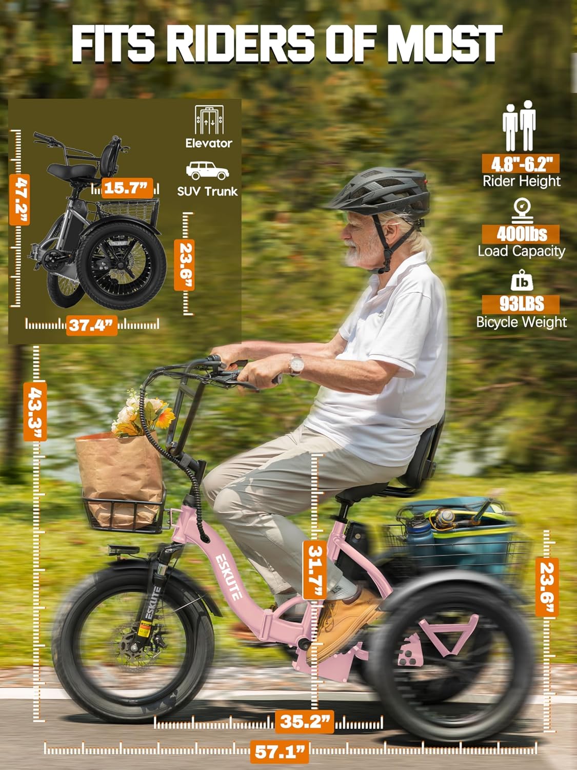 ESKUTE E Trike Electric Bike, Peak 1200W Brushless Motor Folding Trike 18X3.0 Fat Tire Ebike, 624Wh Removable Battery, Step-Thru 3 Wheel Electric Bicycle, Up to 55 Miles, 18MPH+ Tricycle for Adults