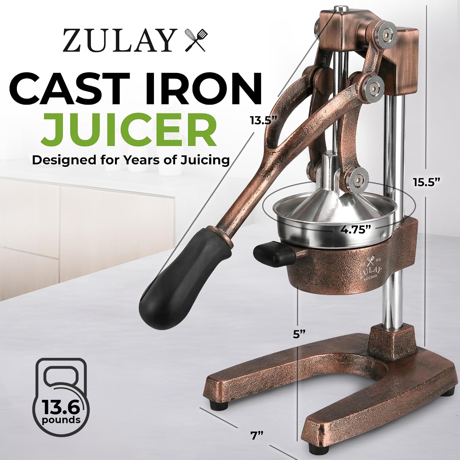 Zulay Kitchen Cast Iron Juicer - Heavy Duty Manual Juicer with Detachable Strainers for Easy Cleaning, Orange Juice Press for Citrus Fruits, Perfect for Bartenders, Juice Lovers & Health Enthusiasts