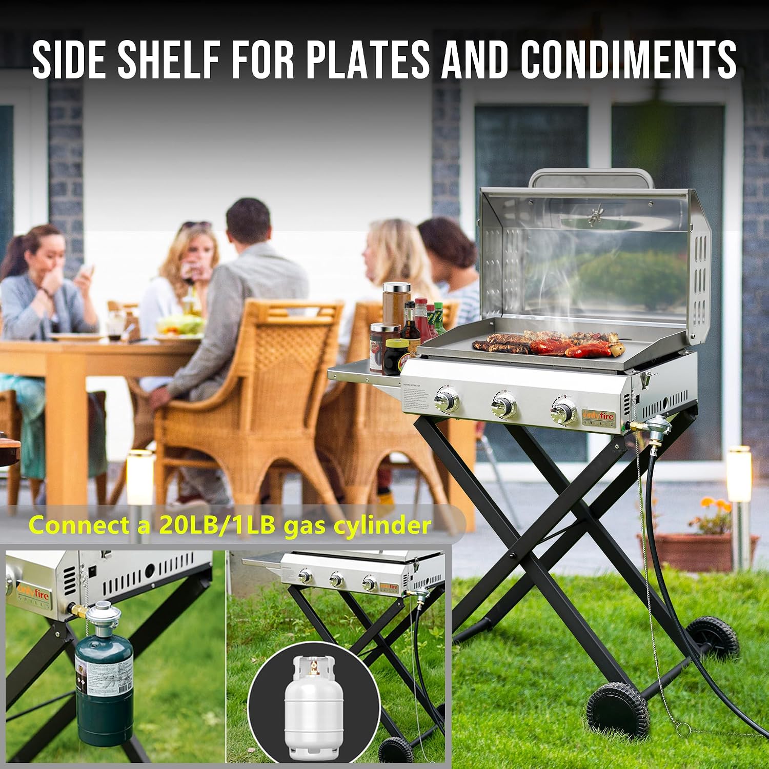 ONLYFIRE GRILLS Portable Propane Gas Griddle 3-Burner with Foldable Cart & Side Table, Flat Top Gas Grill Griddle Stove with Lid, for Outdoor Cooking Patio Backyard Camping RV Tailgating Beach, GS310